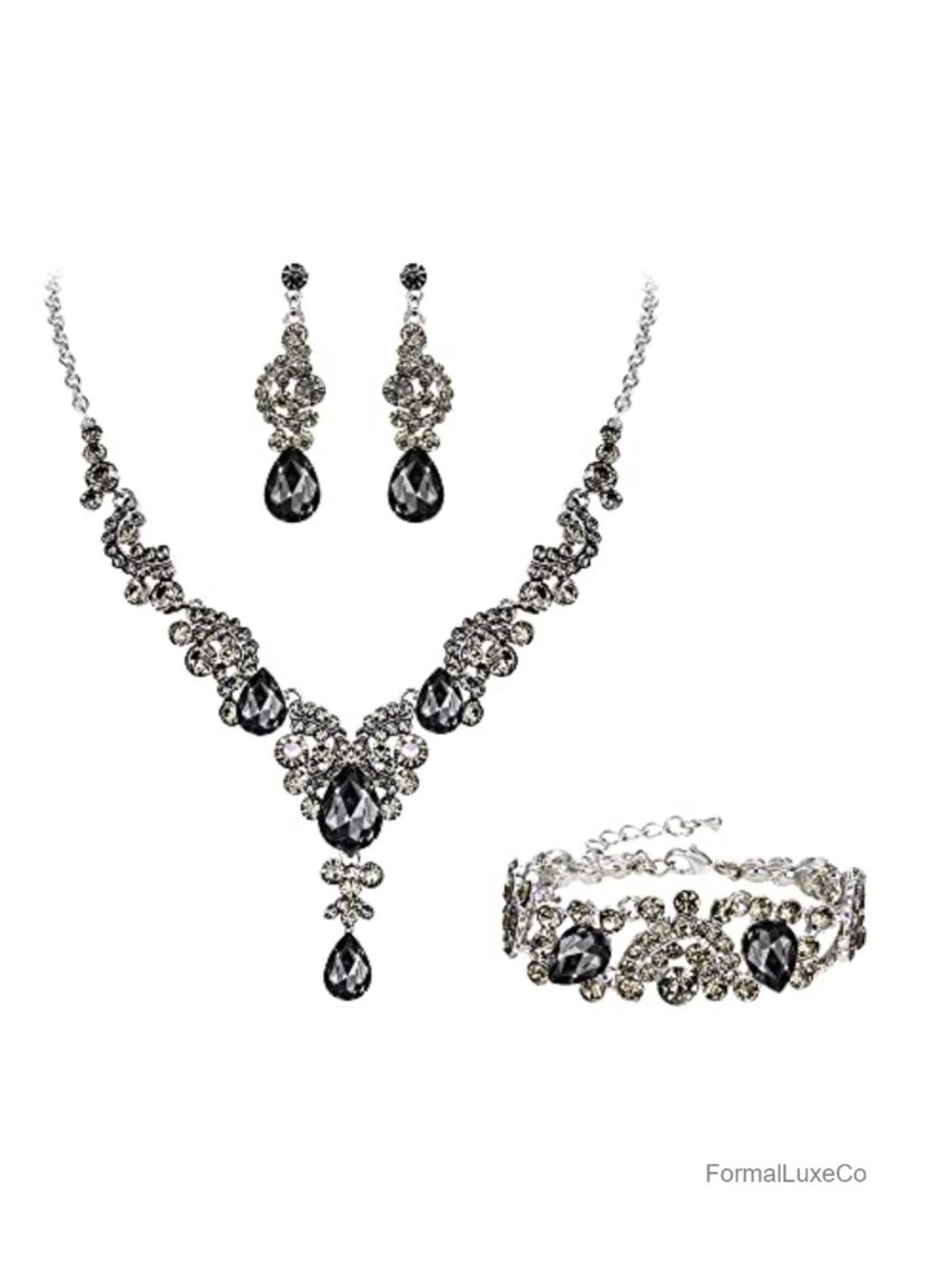 Rhinestone Crystal Floral Wave Jewelry Set - Necklace, Bracelet & Earrings
